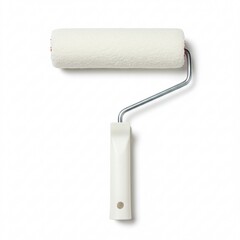 Fototapeta premium Close-up of a white paint roller with a metal frame and a white plastic handle, isolated on a white background, ready for DIY projects and home improvement
