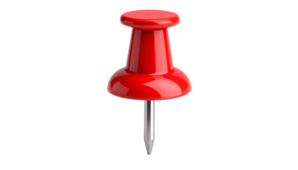 Glossy red push pin with sharp metal point on clean background for reminder concept or for school and workplace themes