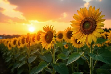 Obraz premium Golden hour sunset bathes a field of towering sunflowers , landscape, nature