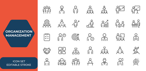 Linear web icons set for organization management and human resource. Editable stroke collection featuring teamwork, leadership, business people, structure, hierarchy, and more and more.
