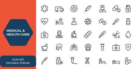 Medical and health care icon set in line style for web and mobile apps: emergency symbols, medical equipment, RX, MRI, doctor, lab, virus, prescription, healthcare design, medical tools