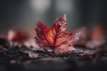 Close-up of a dewy red maple leaf resting on the ground during autumn in a misty forest setting