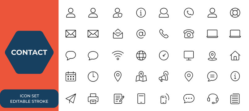 Editable stroke contact icon set, thin line social media network icons collection, vector illustration, communication symbols, digital connection, online support, message icons and more.