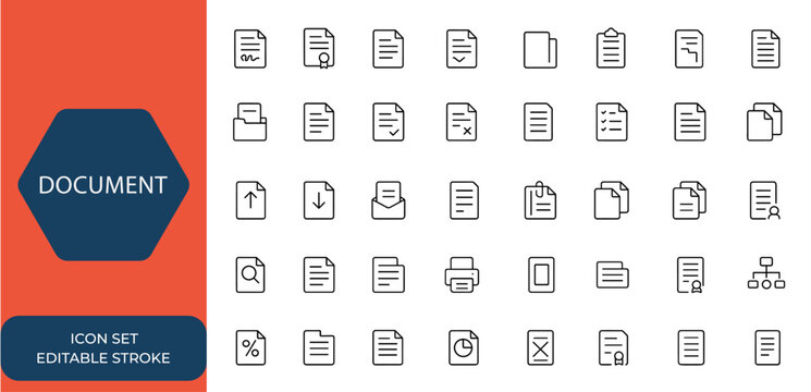 Linear document icon collection in editable stroke style. Set of web icons including contract, certificate, folder, clipboard, invoice, archive, approved, accept papers, and more