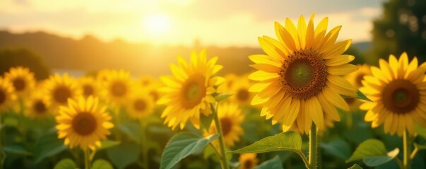 Obraz premium Golden sunflowers bask in vibrant sunlight, tall stalks swaying gently , agriculture, green, warmth