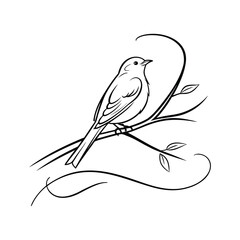 Bird on a Branch Line Art – Hand-Drawn Nature Illustration in Black and White

