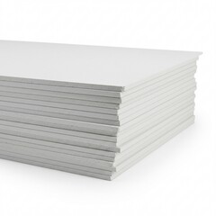 A clean stack of white polystyrene foam insulation boards for construction, isolated on a white background. Industrial manufacturing concept.