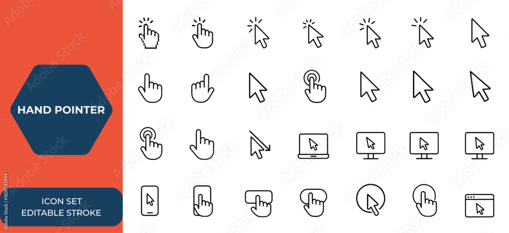 Fototapete Hand pointer symbol and computer mouse click cursor set. Pixel cursor, clicking finger, pointer click, computer mouse pointer icon. Vector illustration, UI design, digital cursor and more.