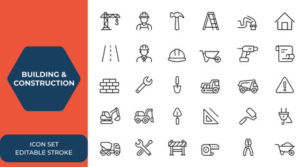 Building and construction icon collection with editable stroke. Thin line construction vector icons set. Professional illustration for architecture, engineering, project, design, industry and more.