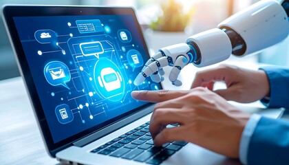 Robotic hand interacting with laptop screen displaying digital interface