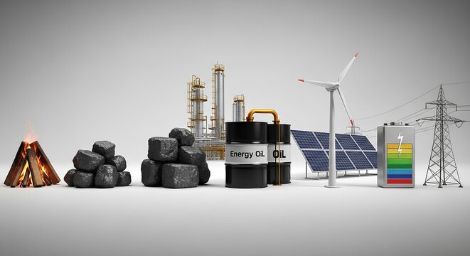  An illustration of various energy sources, from fossil fuels to renewable energy like wind, solar, and electric batteries.