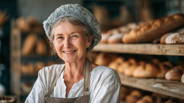 Delighted mature female baker looking at camera and smiling while working in bakery