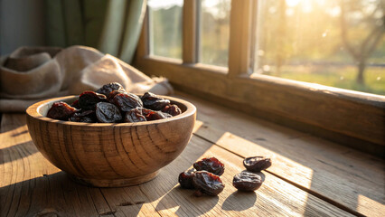 Rustic bowl of dried plums  Pickles on wooden table with morning sunlight