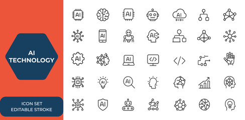 Line style AI technology icons set for web and mobile app. Artificial intelligence, machine learning, smart robotics, cloud computing, algorithm, digital AI network icons, and more.