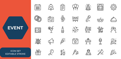 Linear style event icons set for web and mobile app. Wedding, entertainment, catering, invitations, event organisation, management, coordination, planning vector illustration, and more.