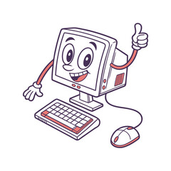Cartoon Smiling Computer Giving Thumbs Up – Fun Technology Mascot Illustration

