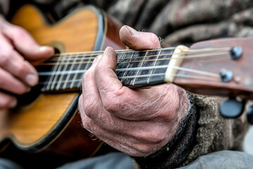 Musician performs with bouzouki in vibrant outdoor setting