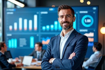 Confident Business Professional Standing in Front of a Dynamic Business Data Analytics Dashboard on Digital Screen