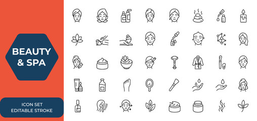 Line style web icons set for Beauty & Spa. Cosmetics and skin care icons for mobile app and web. Includes spa treatments, massage, anti ageing, serum, hyaluronic acid, pore tighten and more.