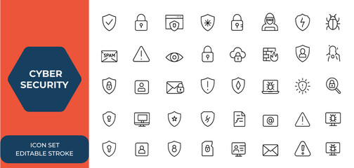 Line style cyber security icons set for web and mobile app. Internet protection, network security, data safeguard, password lock, key, shield, hacker, spam, eye access technology, vector and more.