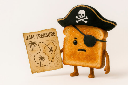 Toast with a pirate hat and a jam treasure map. Space for text.