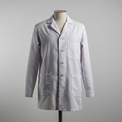 Front view of a classic white lab coat on a mannequin stand. Professional manufactured uniform for medical, science, or healthcare work.