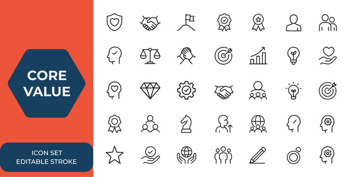 Editable stroke core value icon collection. Thin line vector icons set illustrating core values and principles. Business ethics, company culture, leadership, integrity, teamwork, success and more.