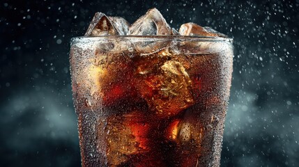 Refreshing cola beverage with ice cubes in a glass on a dark background sparkling with condensation droplets capturing a thirst quenching visual mood