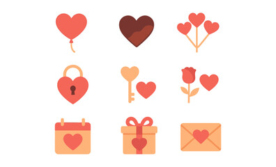 Romantic icons set: heart, love balloon, rose and gift box in flat design