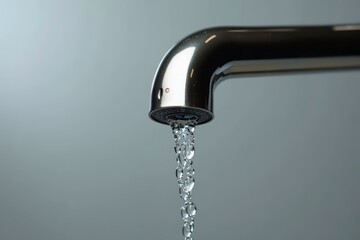 Macro photography of water droplets flowing down a shiny stainless steel pipe on a neutral backdrop.