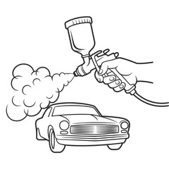 Hand holding spray gun painting a classic car with a cloud of paint