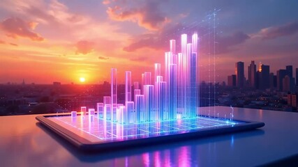 Dynamic data visualization with glowing charts over a vibrant cityscape sunset - Powered by Adobe
