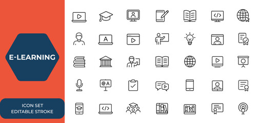 Editable stroke e-learning icon set. Thin line vector icons collection for online education, digital learning, training, course, tutorial, study, technology, web design, UI, app, education, and more.