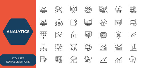 Analytics and data processing web icons set in line style. Data analysis and statistics icons for mobile and web apps. Monitoring, database, computing, AI, hosting, server, digital insight and more.