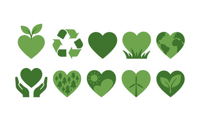 Eco icons collection: green heart symbols for sustainability and nature awareness