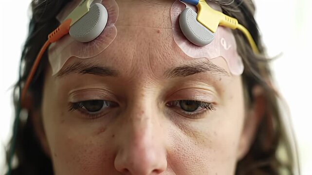 Close-up of a woman with electrodes attached to her forehead, looking downwards