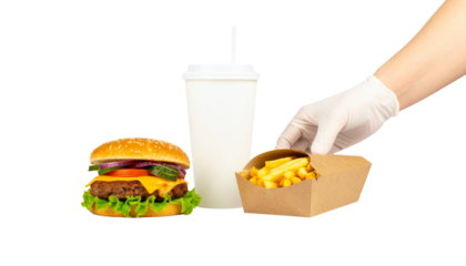Hand in glove serving a fast food meal with burger fries and drink