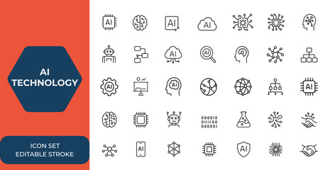 AI technology web icon set. Machine learning, cloud computing, artificial intelligence icons for mobile and web apps. Smart robotic, algorithm, digital AI vector solid icon collection and more.