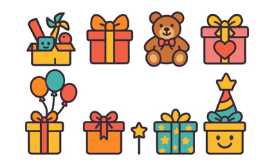 Colorful cartoon gift boxes and toys with balloons and stars