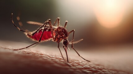 Close up of mosquito biting human skin blood sucking insect mosquito bite vector carrier disease prevention