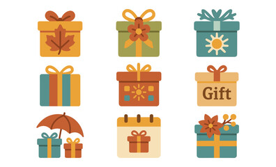 Colorful autumn gift box icons with decorative elements in flat style