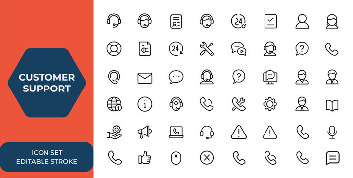 Line style customer support and service icon set for web and mobile app. Helpdesk, online assistance, feedback, contact, email, 24 hrs help, support icons collection for digital use and more.