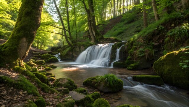 A tranquil summer forest with a small waterfall flowing gently over moss-covered rocks. The long-exposure effect gives the water a silky texture, enhancing the peaceful atmosphere. Great for wellness,