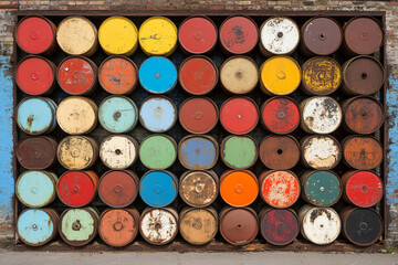 Oil barrels stacked in an industrial warehouse for storage