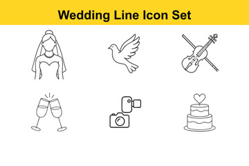 Wedding Line Icon Set Featuring Bride Dove Violin Champagne Camera and Cake for Wedding Related Designs