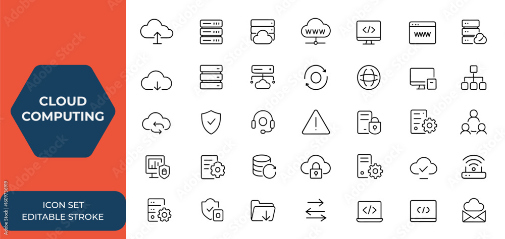 Poster cloud computing and web hosting icon set in line style. server, domain, webspace, data exchange, web