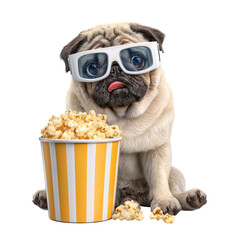 Pug wearing 3D glasses sits beside a bucket of popcorn ready for movie night in a cozy indoor setting