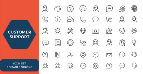 Editable stroke customer support icon set. Thin line help and service icons collection for vector illustration, assistance, communication, call center, FAQ, contact, support team, hotline and more.