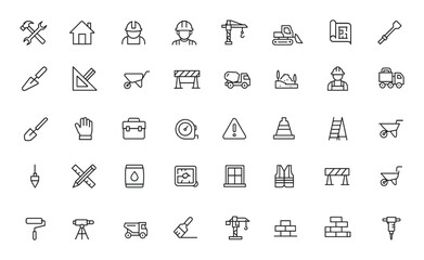 Construction and building line icons set for web and mobile apps. Tools, home repair, contractor, crane, excavator, land, builders, vector illustration, architecture, renovation and more.