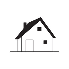 Simple Line Art House Illustration Depicting a Minimalist Black and White Home Design with Door, Windows, and Chimney